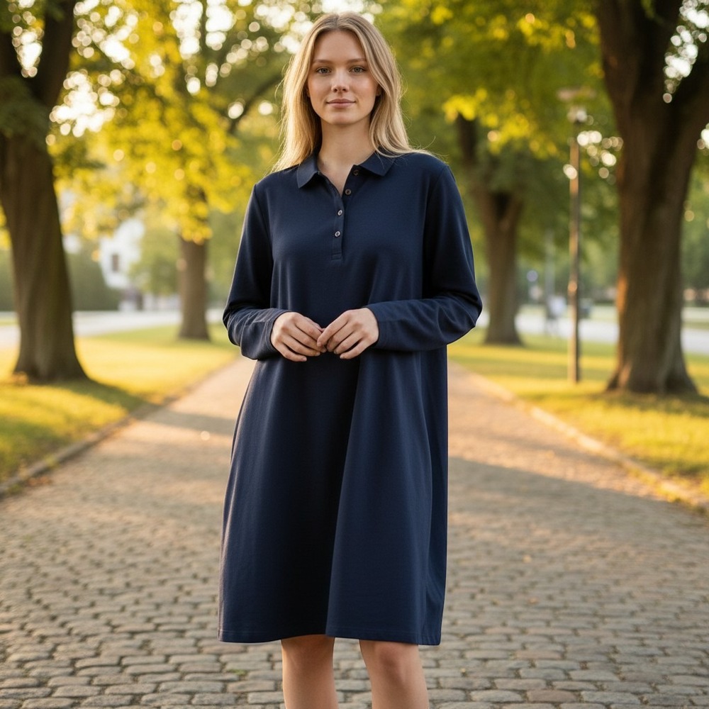 Navy Tunic Dress Long Sleeve Collared Button Down Casual Comfort Size 2XL /#5348